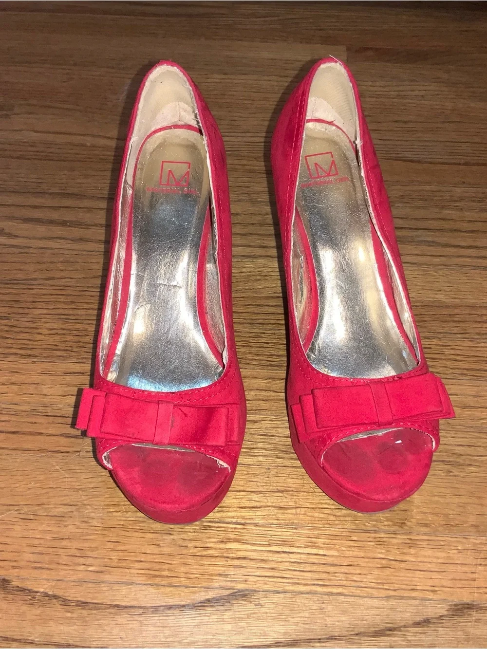 Material Girl Red Suede Peep-Toe Wedge Heels with Front Bow